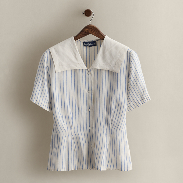 Ralph Lauren C. 1985 Striped Linen Blouse In White