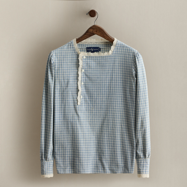 Ralph Lauren C. 1985 Checked Cotton Blouse In Blue