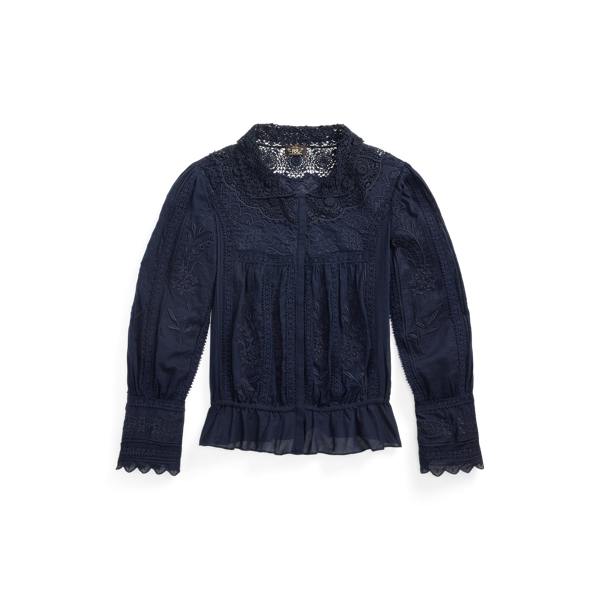 Double Rl Ralph Lauren Embroidered Cotton Voile & Lace Blouse In Blue