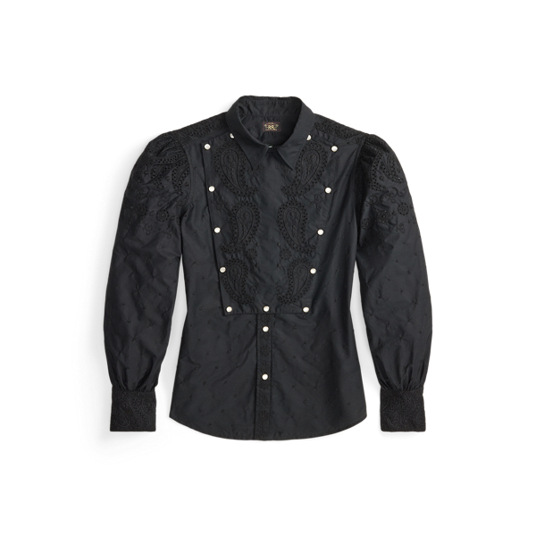 Ralph Lauren Embroidered Cotton Bib-front Blouse In Antique Black In Blue
