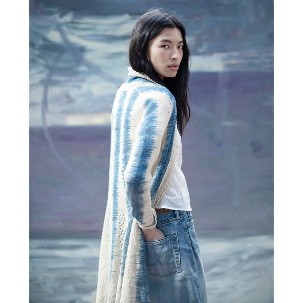 Ralph Lauren Linen-silk Pointelle Duster Cardigan In Natural/blue