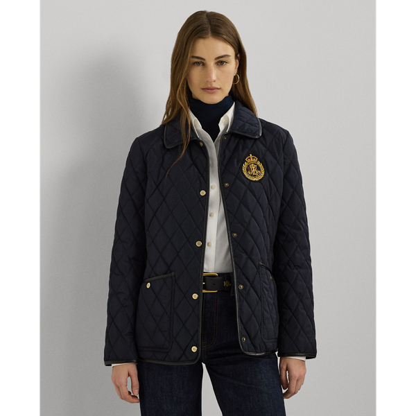 Lauren Petite Faux-leather-trim Crest-patch Jacket In Dark Navy
