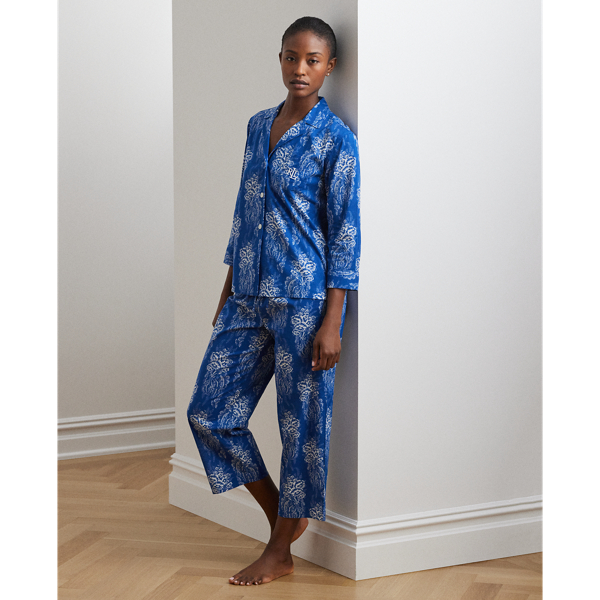 Shop Lauren Petite Floral Lawn Cropped Sleep Set In Navy Print