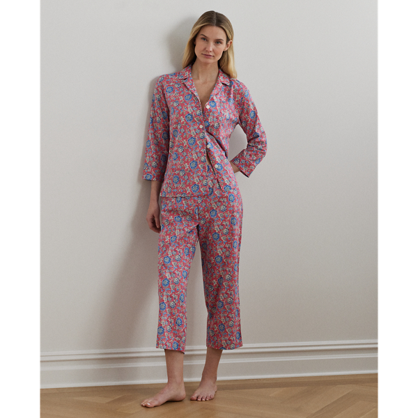 Shop Lauren Petite Floral Lawn Cropped Sleep Set In Red Print