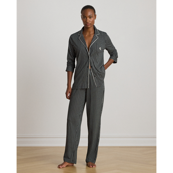 Lauren Petite Ralph Lauren Striped Cotton-blend Jersey Sleep Set In Black