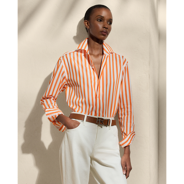 Shop Polo Ralph Lauren Capri Relaxed Fit Striped Cotton Shirt In Bright Orange/white
