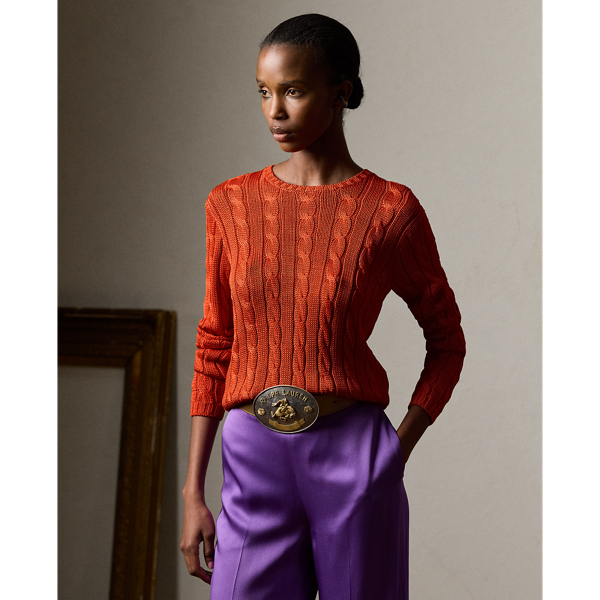 Ralph Lauren Silk Cable-knit Crewneck Sweater In Flame