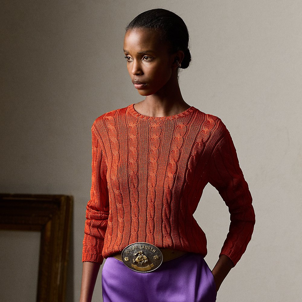 Shop Ralph Lauren Cable-knit Silk Crewneck Sweater In Flame