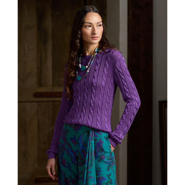 Shop Ralph Lauren Cable-knit Silk Crewneck Sweater In Bright Purple