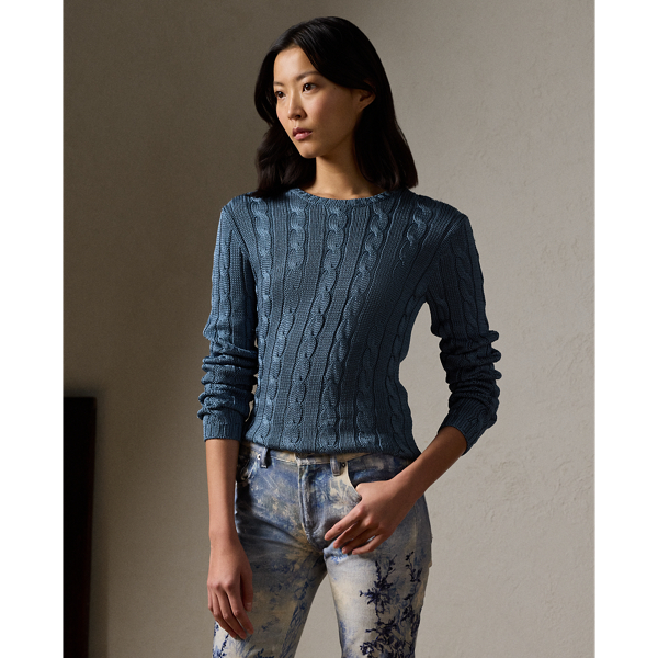 Shop Ralph Lauren Cable-knit Silk Crewneck Sweater In Antique Blue