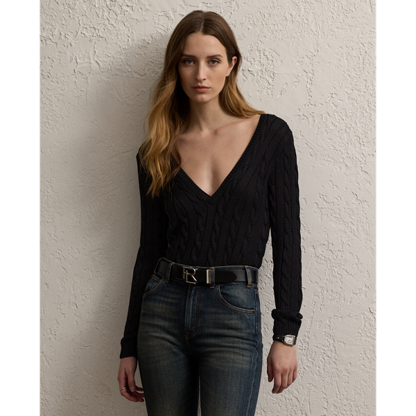 Polo Ralph Lauren Cable-knit Silk V-neck Sweater In Black
