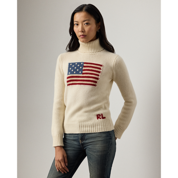 Ralph Lauren Flag Cashmere Turtleneck Sweater In Neutral