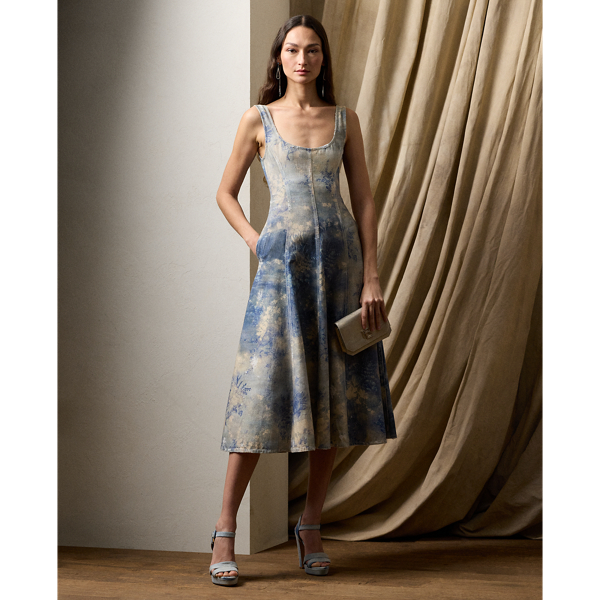 Shop Ralph Lauren Tarian Denim Sleeveless Day Dress In Blue/pearl Multi