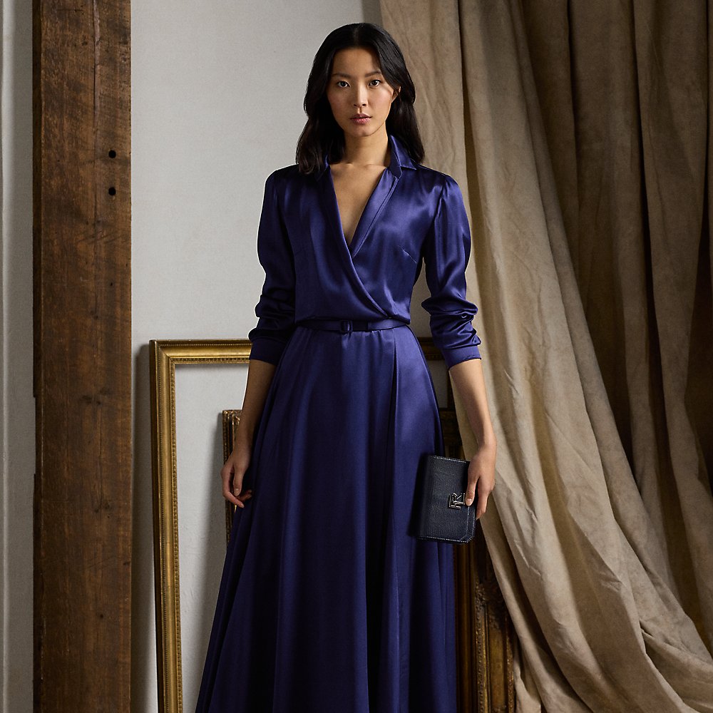 Shop Ralph Lauren Aniyah Silk Satin Day Dress In Dark Sapphire