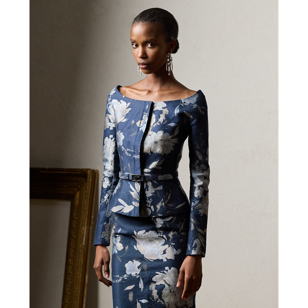 Shop Ralph Lauren Bethanne Floral Jacquard Jacket In Blue Multi