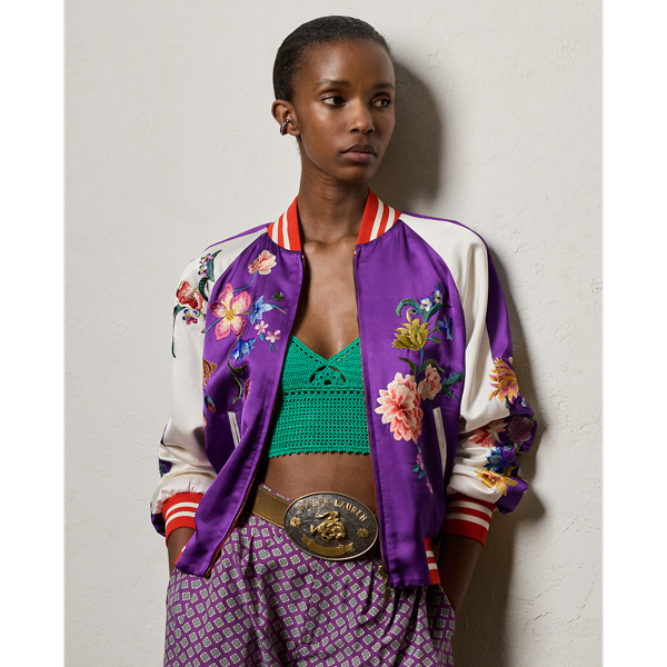 Shop Ralph Lauren Lydiah Embellished Satin Bomber Jacket In Flame/cream/purple