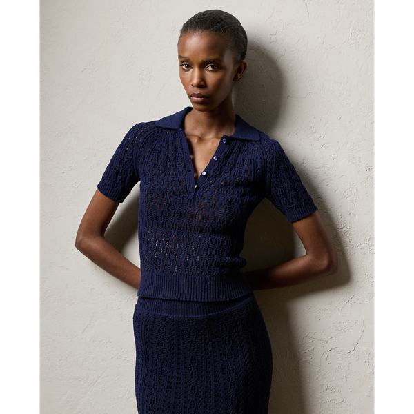 Polo Ralph Lauren Silk Bouclé Short-sleeve Polo Sweater In Lux Navy