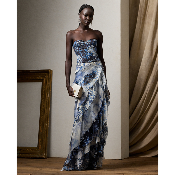 Shop Ralph Lauren Clairee Floral Tiered Maxiskirt In Blue/pearl Multi