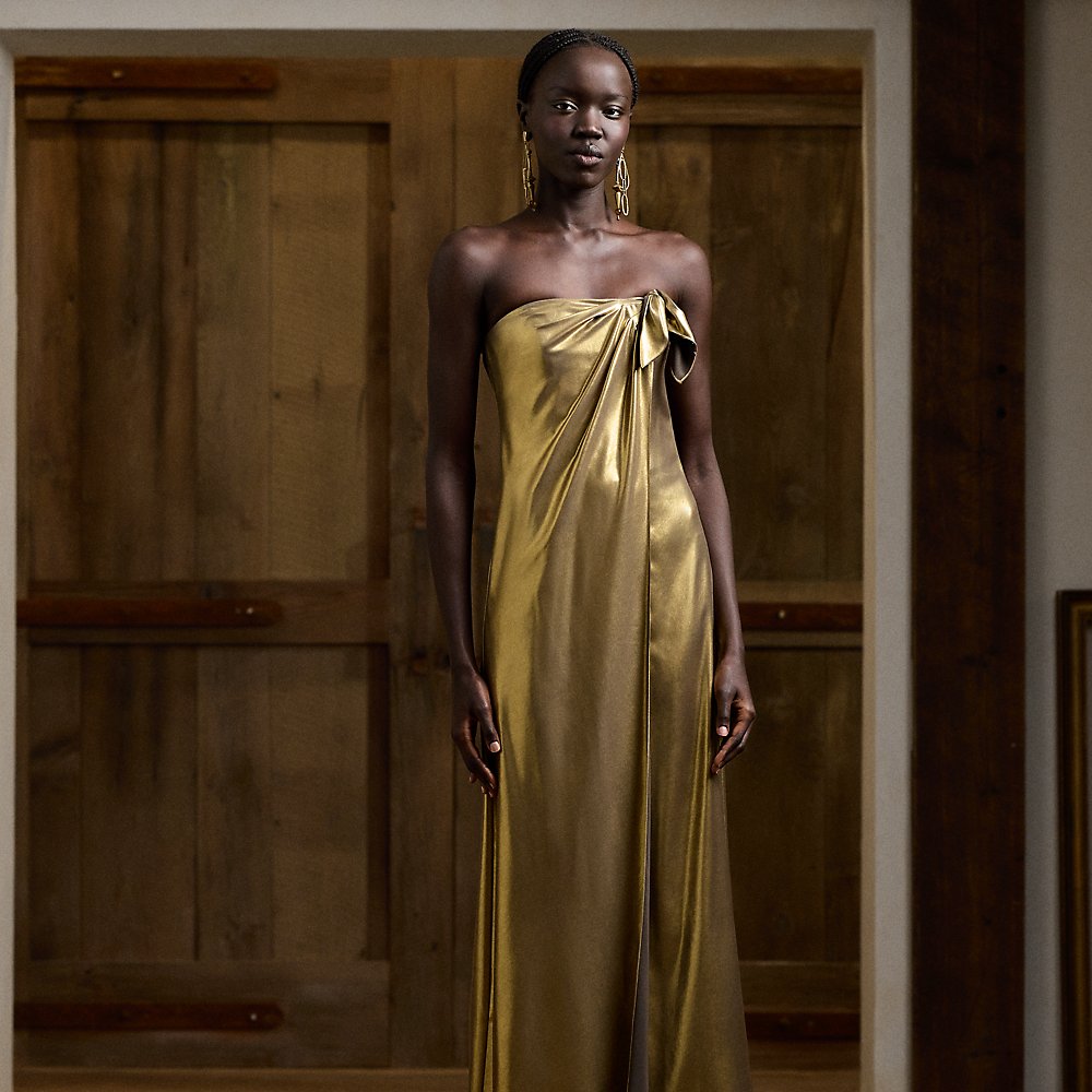 Ralph Lauren Brigitta Foiled Georgette Evening Dress In Gold