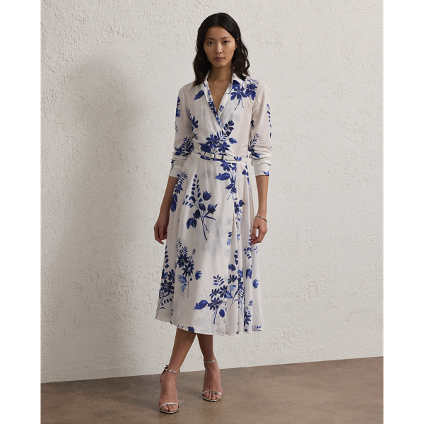 Polo Ralph Lauren Aniyah Wrapped Floral Midi Dress In Dark Sapphire/cream Multi