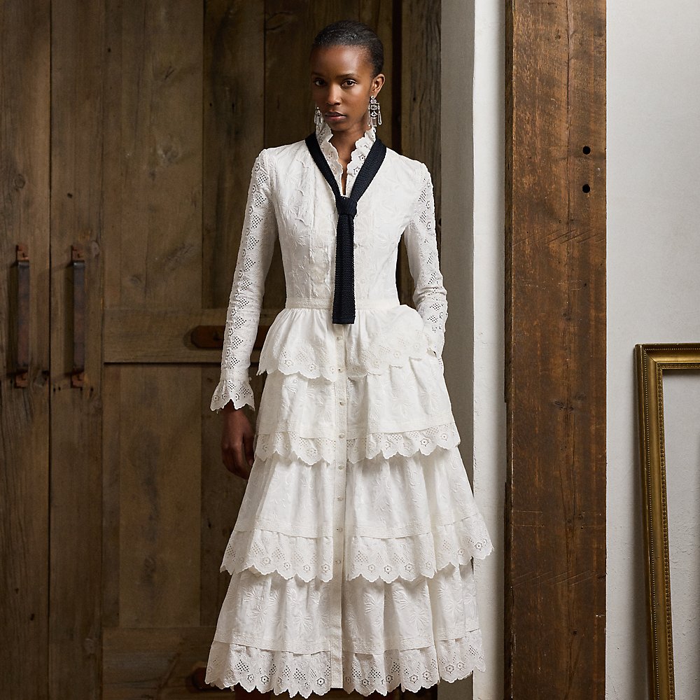 Ralph Lauren Stella Embroidered Poplin Day Dress In Off White