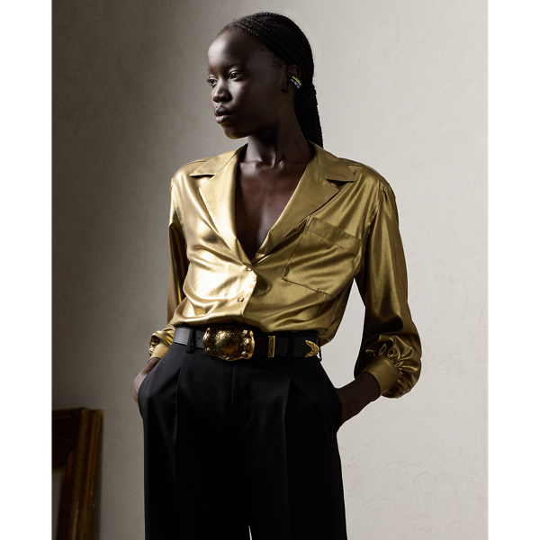 Shop Ralph Lauren Roslin Foiled Georgette Shirt In Gold