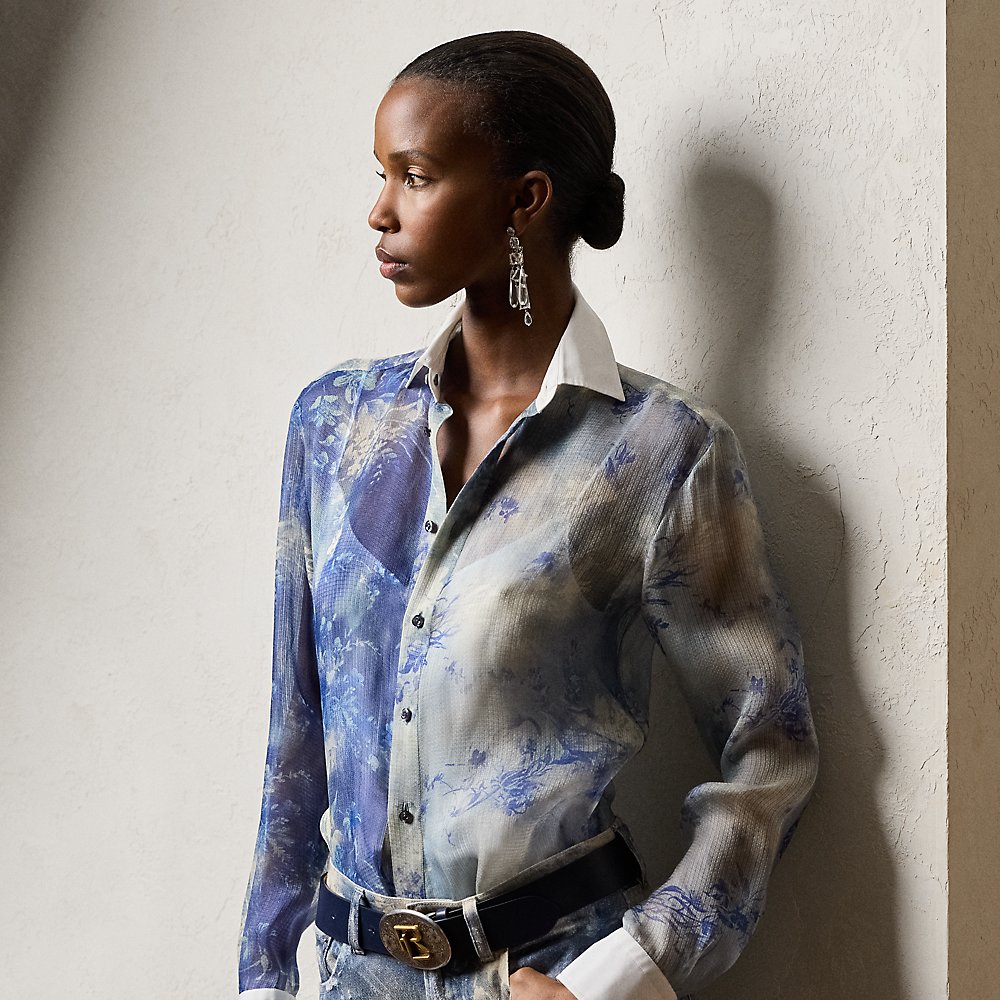 Shop Ralph Lauren Nancie Floral Silk Gazaar Shirt In Blue/pearl Multi