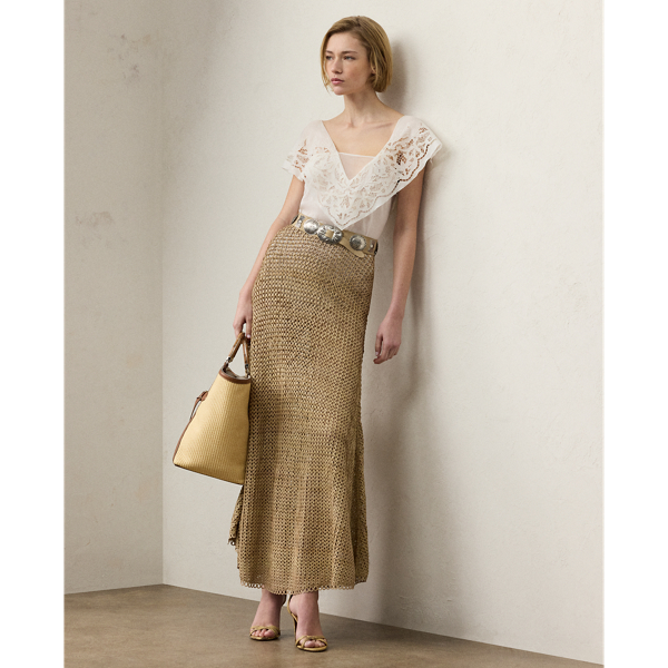 Polo Ralph Lauren Trivelas Woven Leather Maxi Skirt In Light Sand