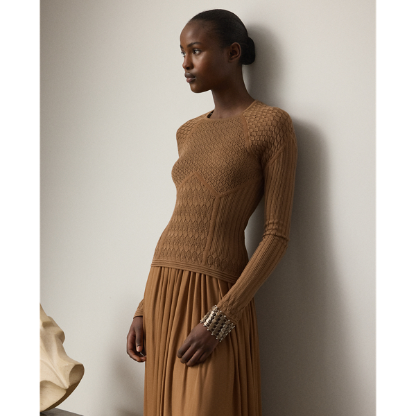 Embodying the understated elegance that defines Pre-Autumn 2025 Collection, this raglan-sleeve jumper is artfully spun with a silk-and-cashmere blend to achieve a soft, ultralightweight feel. An engineered layout of different stitches is used to create this jumper's figure-flattering design, including pointelle lace and ottoman detailing.