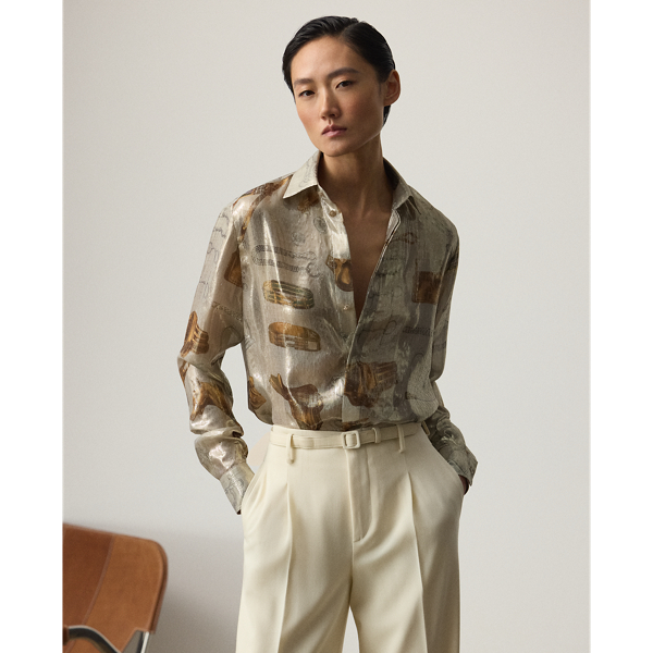 Ralph Lauren Evelina Equestrian Metallic Silk Shirt In Gray