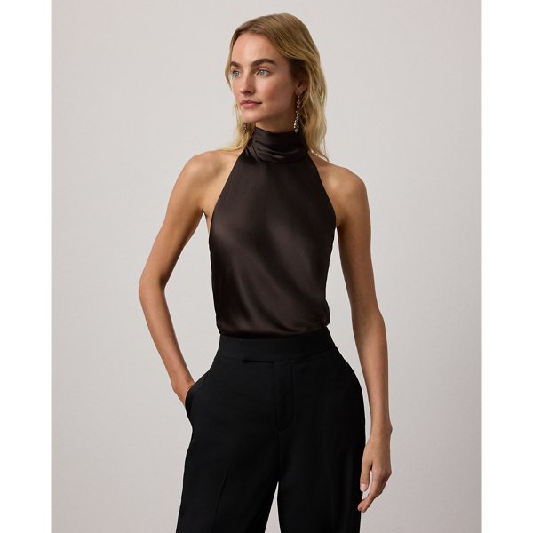 Ralph Lauren Chilton Stretch Silk Charmeuse Top In Brown