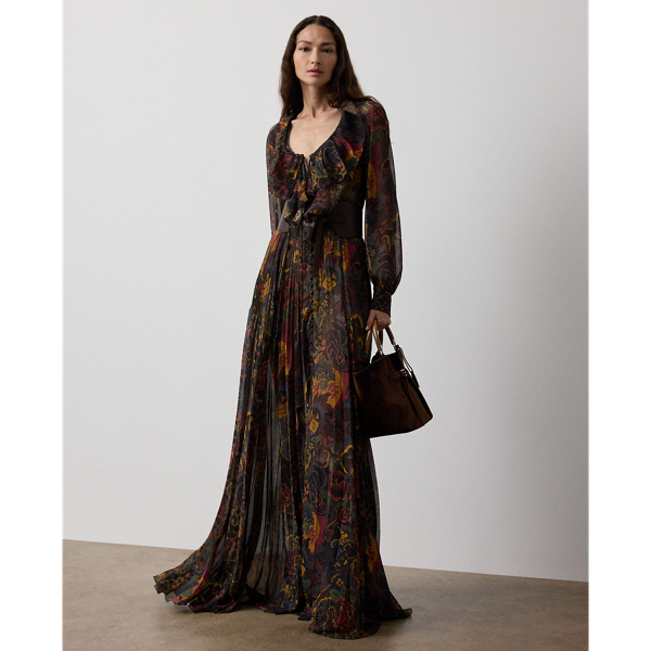 Ralph Lauren Catia Paisley Pleated Chiffon Day Dress In Multi