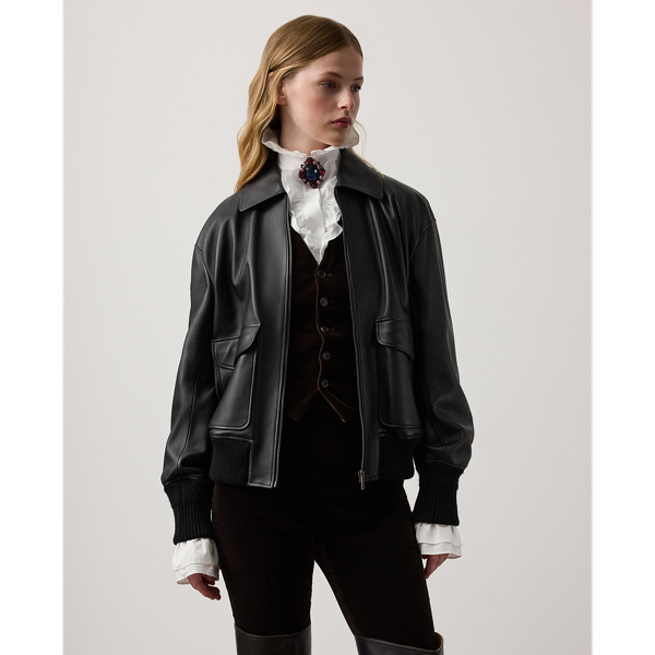 Ralph Lauren Ribbed Cuff Bomber Jacket Featuring Pockets In Black