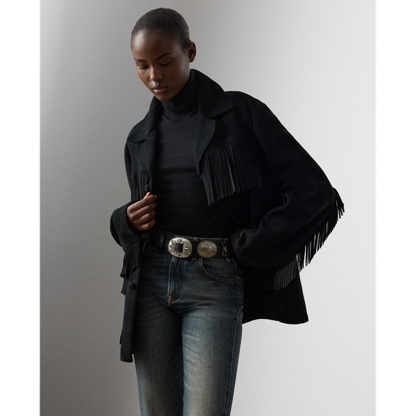 Ralph Lauren Perce Fringe-trim Lamb-suede Jacket In Black