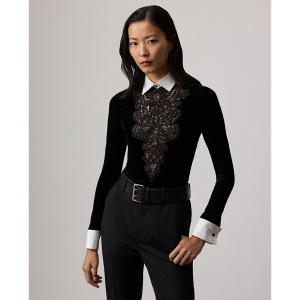 Ralph Lauren Missy Embellished Velvet Shirt In Black