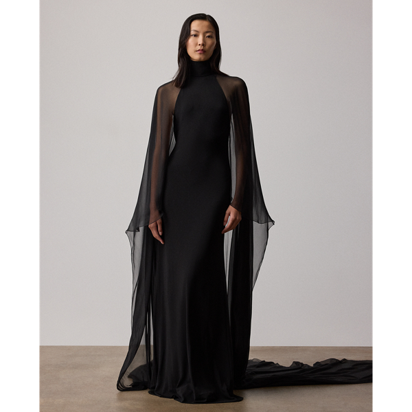 Ralph Lauren Tilly Cape-sleeve Jersey Backless Gown In Black