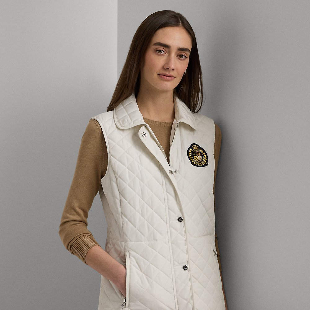 Shop Lauren Ralph Lauren Crest-patch Diamond-quilted Vest In Cream