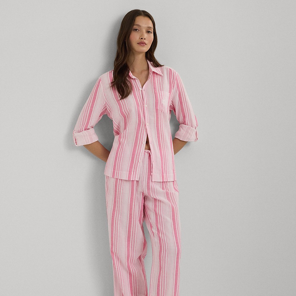 Shop Lauren Ralph Lauren Striped Gauze Roll-tab-sleeve Sleep Set In Pink Stripe