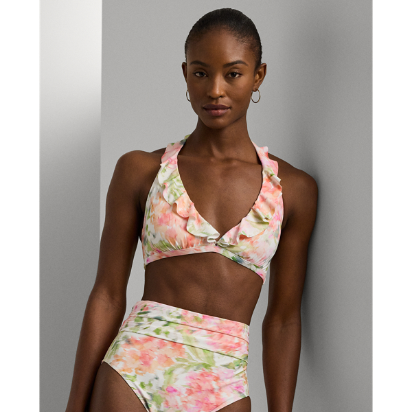 Shop Lauren Ralph Lauren Floral Ruffle-trim Halter Bikini Top In Multi Floral