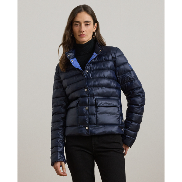Ralph Lauren Metallic Quilted Puffer Coat In Dark Navy
