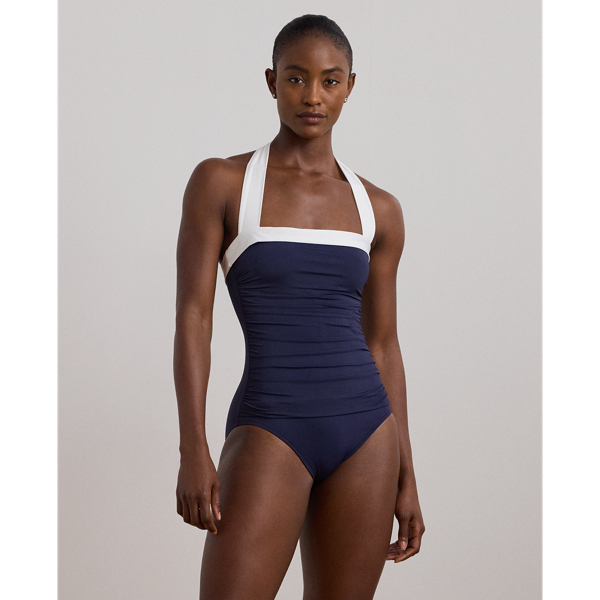 Ralph Lauren Shirred Halter One-piece In Dark Navy