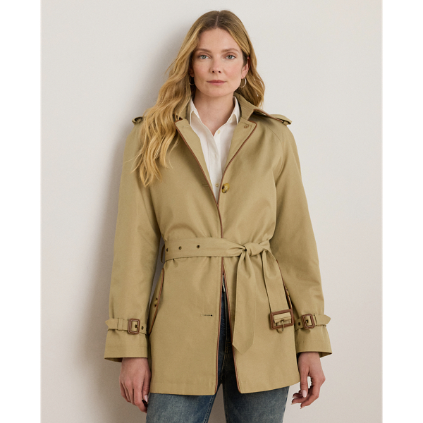 Classic trench styling meets luxurious faux-leather trim in this cotton-blend trench coat. A belted waist, buttoned shoulder epaulets and signature horn-effect buttons complete the look.