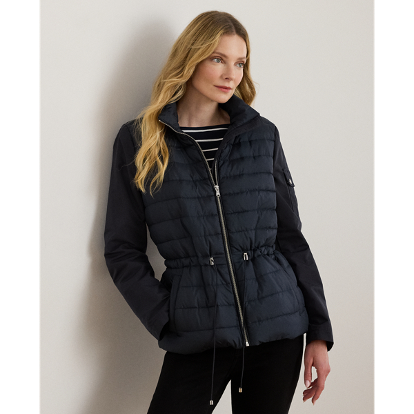Designed with a stowaway hood that tucks into its funnelneck, this versatile puffer jacket features an insulated channel-quilted construction and a drawcord waist for the perfect cosy fit.