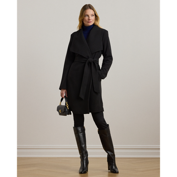 An oversize collar and belted waist enhance the elegant appeal of this crepe wrap coat.