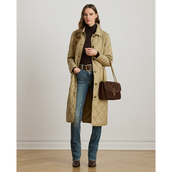 A refined layering piece, this coat features a long, streamlined silhouette distinguished by an allover "LRL"-embroidered motif and diamond quilting. Its 500-fill-power down offers an ultracosy feel, while "Lauren Ralph Lauren Lauren"-engraved horn-effect buttons add signature style.