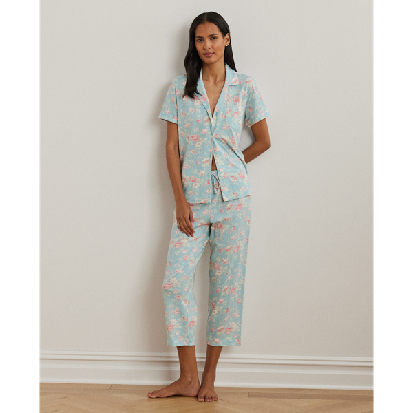 Ralph Lauren Floral Cotton-blend Cropped Sleep Set In Blue Floral
