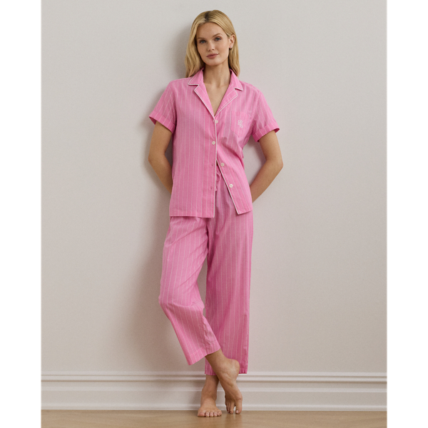 Ralph Lauren Striped Cotton-blend Cropped Sleep Set In Pink