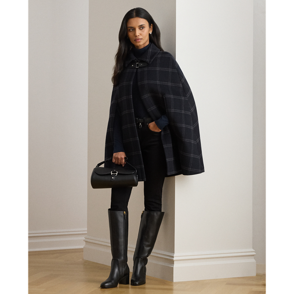 Ralph Lauren Windowpane Buckle-trim Wool-blend Cape In Black