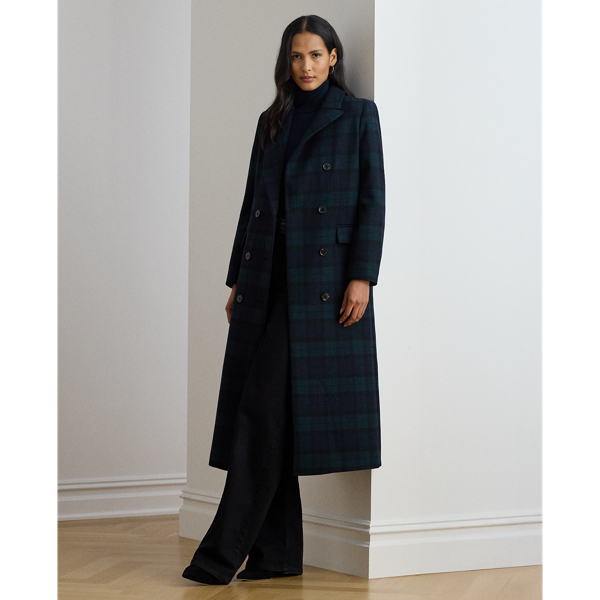 Ralph Lauren Black Watch Plaid Double-breasted Coat In Black
