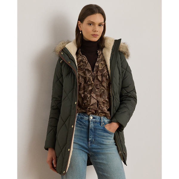 Ralph Lauren Faux-fur-trim Hooded Quilted Coat In Multi